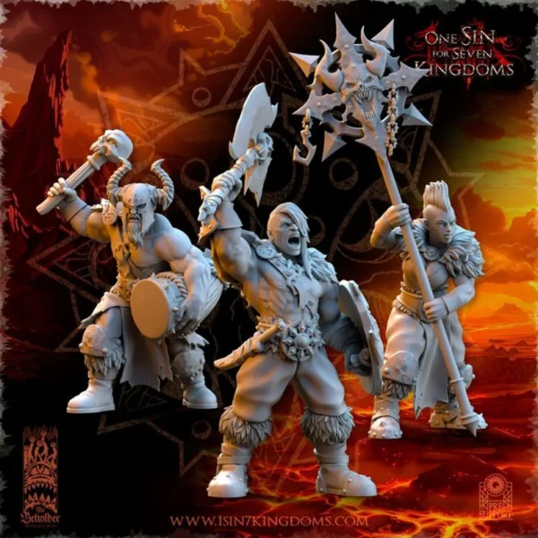 Realms of Mayhem Barbarian Command Group by Beholder miniatures for fantasy wargames .
